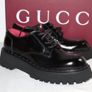 NWB GUCCI Lug Sole Loafers Black Web Detail Loafers Oxfords Lace Up 39.5 795993